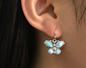 Sky Blue AAA Larimar 925 Sterling Silver Butterfly Dangle Earrings. Free shipping in USA