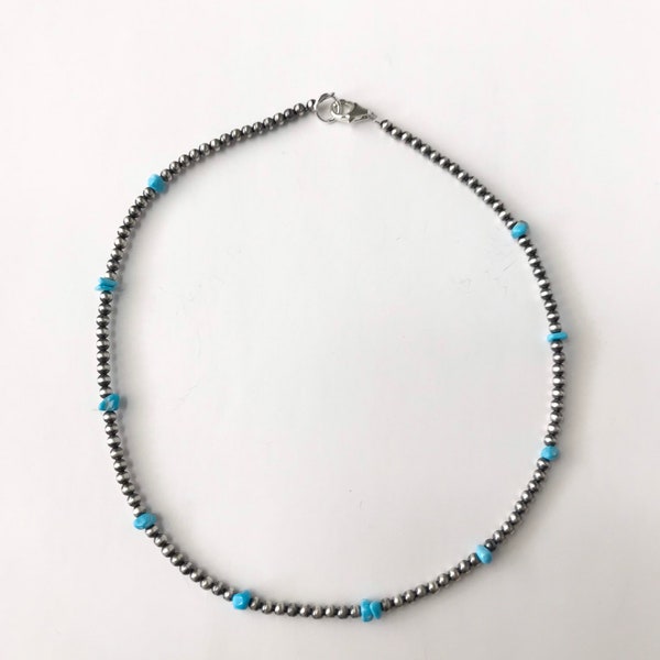Sterling Silver 3mm Navajo Pearl Beads & Sleeping Beauty Turquoise Choker Necklace 14” Long