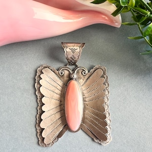 Handcrafted Pink Queen Conch Shell Sterling Silver Butterfly Pendant