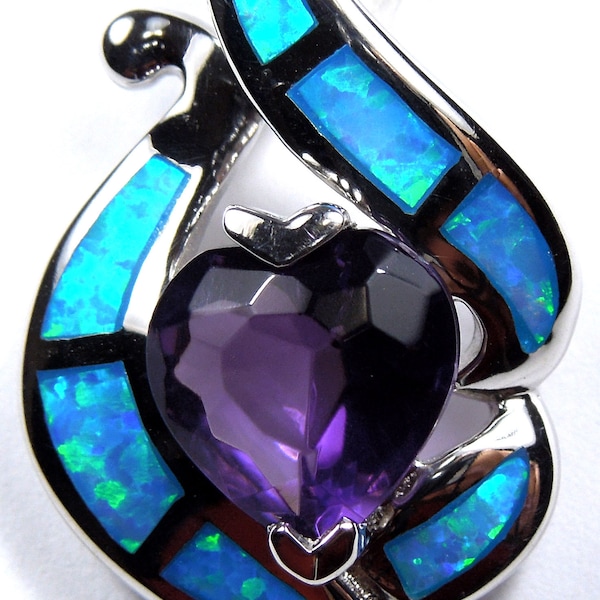 Amethyst & Blue Fire Opal Inlay Solid 925 Sterling Silver Heart Pendant Necklace