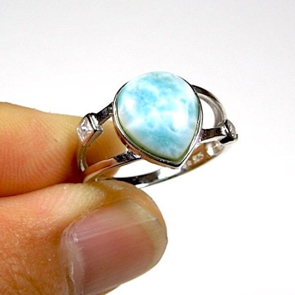 Genuine AAA Dominican Larimar Inlay 925 Sterling Silver Ring size 6,7,8,9