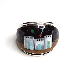 Multicolor, Fire Opal Inlay Genuine 925 Sterling Silver Pueblo, Galaxy Men&#39;s Ring Size 11.5-12.5