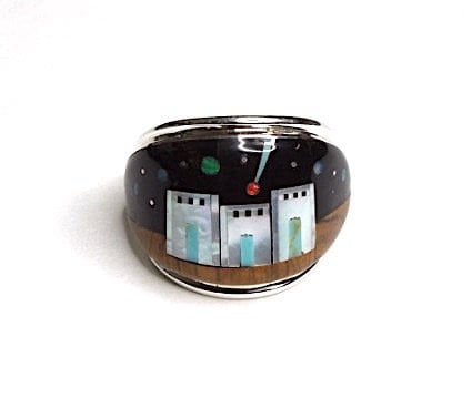 Multicolor, Fire Opal Inlay Genuine 925 Sterling Silver Pueblo, Galaxy Men's Ring Size 11.5-12.5