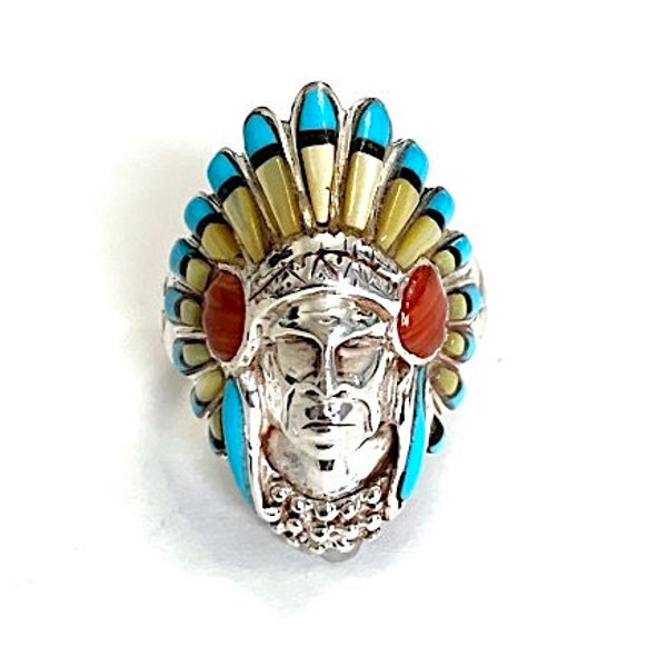 American Indian Chief Men's Ring Multicolor & Turquoise Inlay 925 Silver Sz 12