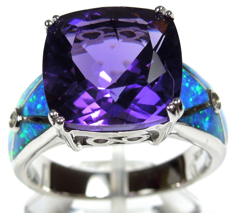 Huge Amethyst /& Blue Fire Opal Inlay 925 Sterling Silver Woman Ring Sz 6,7,8,9 Free Shipping in USA