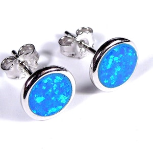 8mm Round Blue Fire Opal Genuine 925 Sterling silver With Rhodium Plated stud post earrings