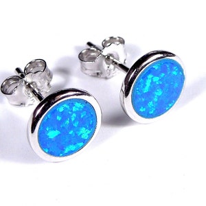 8mm Round Blue Fire Opal Genuine 925 Sterling silver With Rhodium Plated stud post earrings