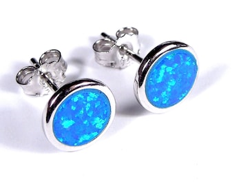 8mm Round Blue Fire Opal Genuine 925 Sterling silver With Rhodium Plated stud post earrings