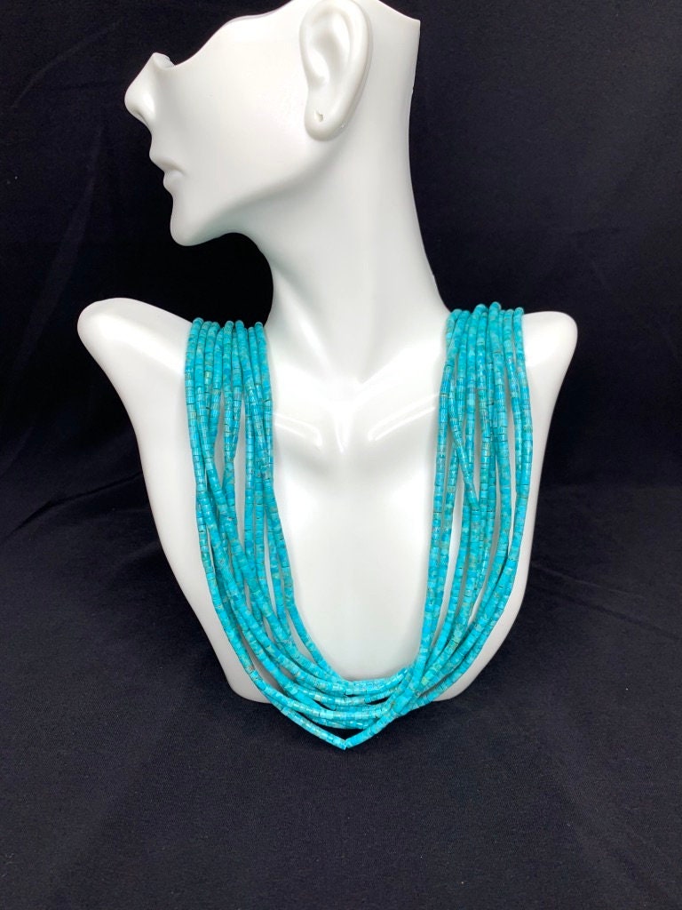 10 Strands Genuine Heishi Kingman Turquoise and Sterling Silver Necklace 30'' long. Ready to ship