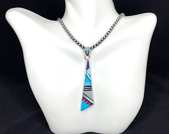 Multistones, Turquoise Inlay 925 Sterling Silver Southwest Style Pendant, Chain is not inclued.