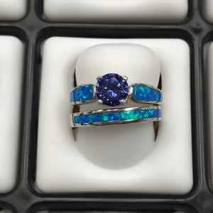 Tanzanite & Blue Fire Opal 925 Sterling Silver Engagement Solitaire Band Ring Set Size 6-9