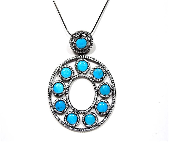 Sleeping Beauty Turquoise 925 Sterling Silver W Black Rhodium Pendant Necklace 18''