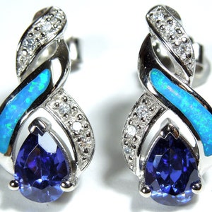 Tanzanite & Blue Fire Opal Inlay 925 Sterling Silver Post Earrings