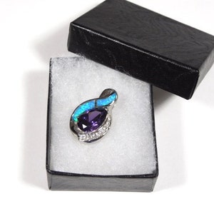 Blue Fire Opal & Amethyst Inlay 925 Sterling Silver Pendant Necklace 18&#39;&#39;. Free shipping in USA