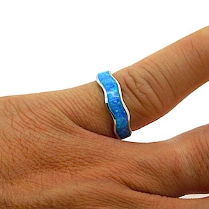 Blue Fire Opal Inlay Solid 925 Sterling Silver Wedding Band Ring size 6,7,8,9