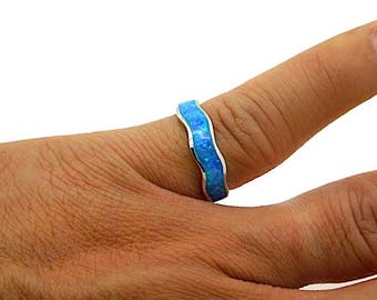 Blue Fire Opal Inlay Solid 925 Sterling Silver Wedding Band Ring size 6,7,8,9