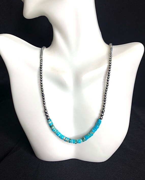 Sterling Silver 3mm Navajo Pearl Beads Turquoise Choker Necklace