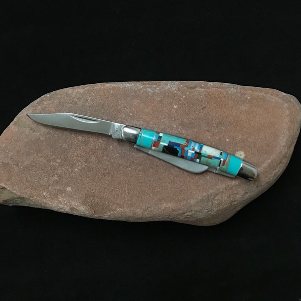 Santa Fe Style Multiple Blade Pocket Knife with Multicolor Inlay & Turquoise 4-3/4'' long open