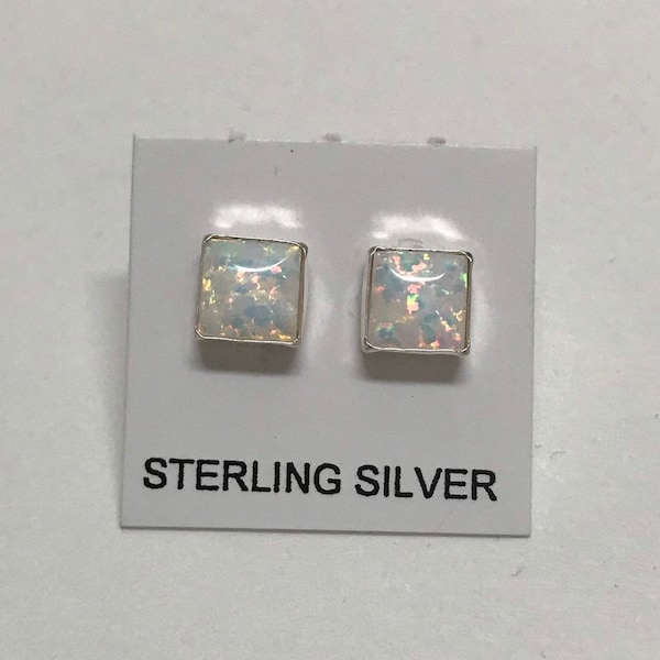 6mm Square White Fire Opal Genuine 925 Sterling silver stud post earrings - Made in USA