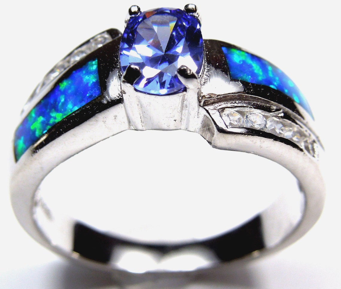 Tanzanite & Blue Fire Opal Inlay 925 Sterling Silver Ring Size Etsy