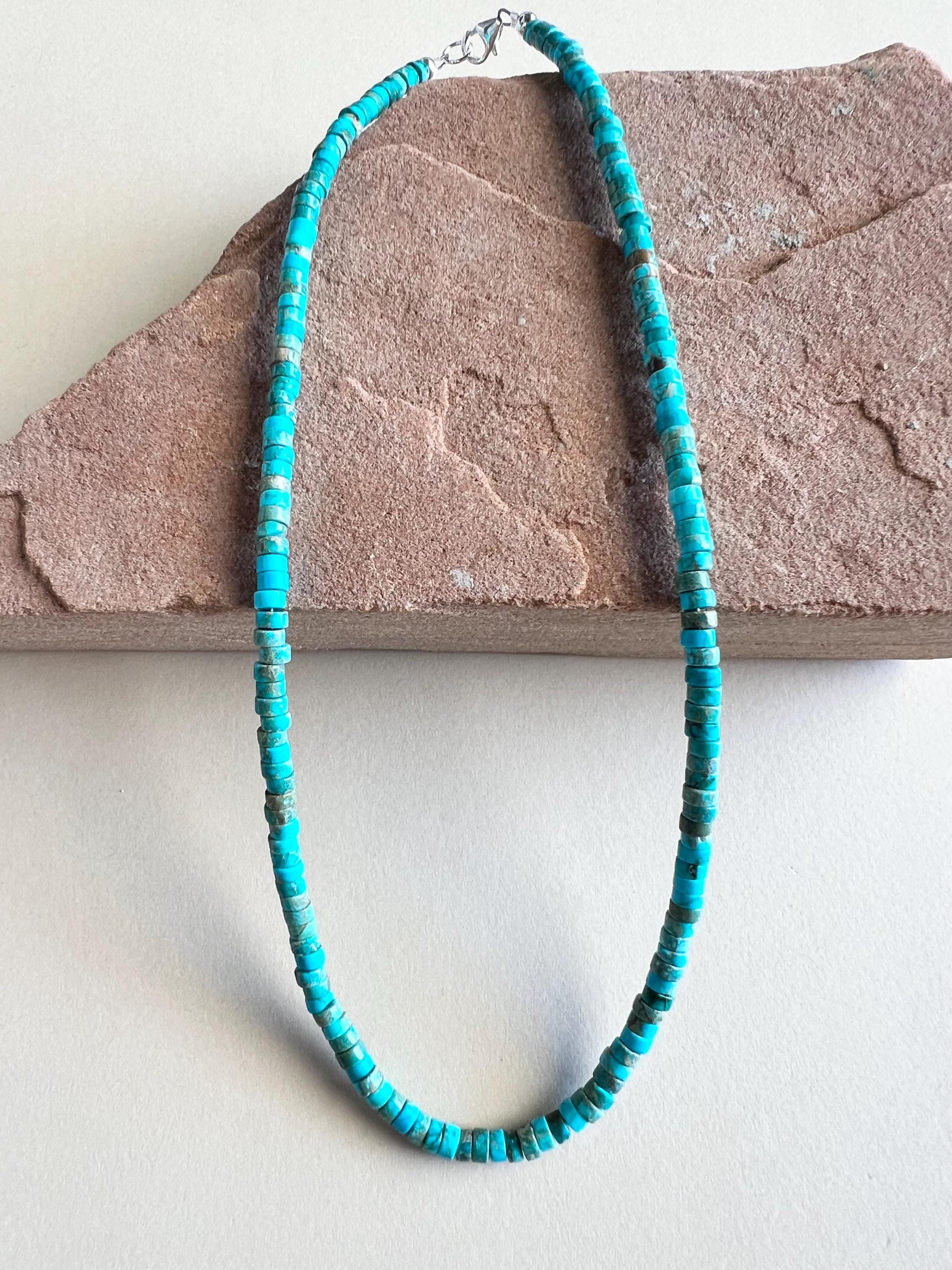 Navajo Made echte blauw turkoois Heishi sterlingzilveren ketting 17"
