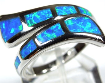 Blue Fire Opal Inlay Solid 925 Sterling Silver Ring Size 6 - 9