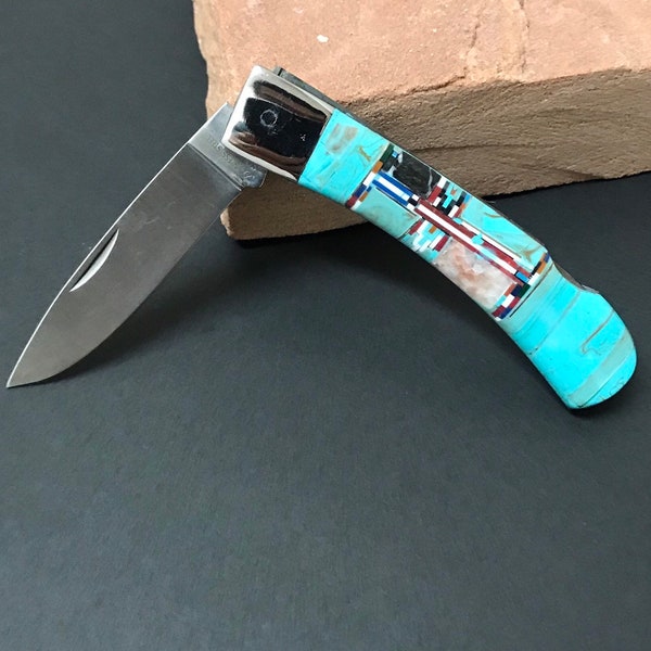 Single Blade Pocket Knife with Multicolor Inlay & Turquoise, Folding knife 6-1/4'' Long Open.