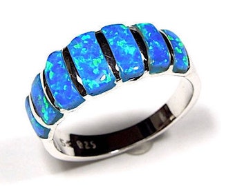 High Qualiy Blue Fire Opal Inlay Genuine 925 Sterling Silver Band Ring size 6,7,8,9