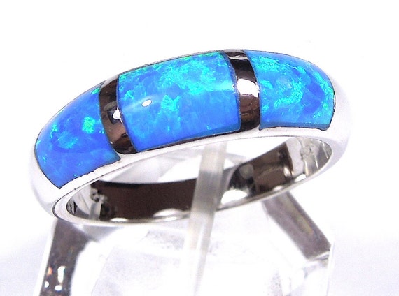 Blue Fire Opal Inlay 925 Sterling Silver Men's Woman Band Ring size 6-13 