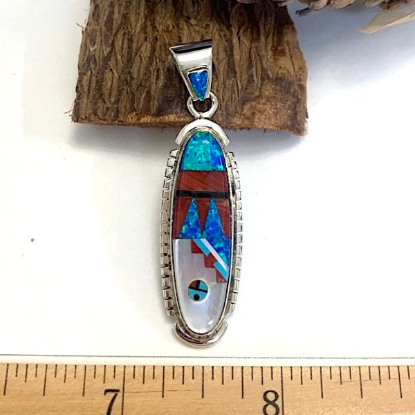 Multi Color, Stones Inlay 925 Sterling Silver Pendant Necklace