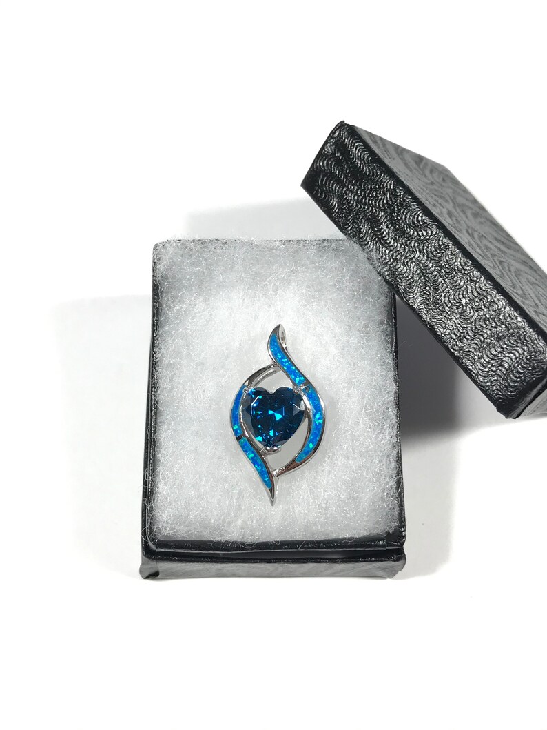 Heart Blue Topaz and Blue Fire Opal inlay 925 Sterling Silver 18 Necklace