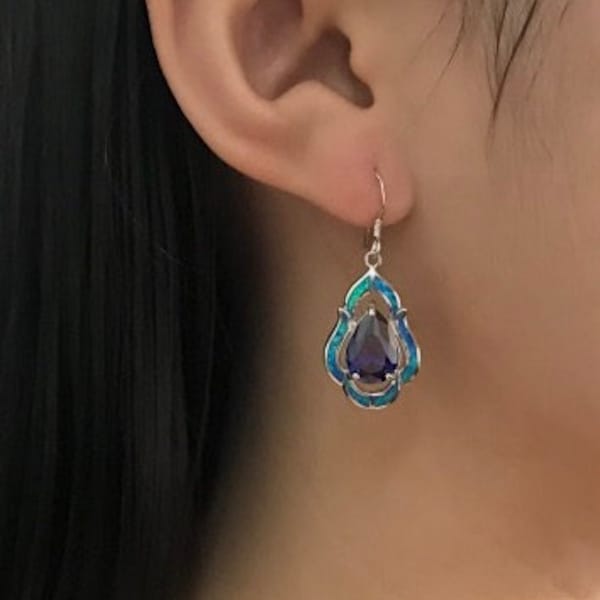 High Quality Tanzanite & Blue Fire Opal Inlay Solid 925 Sterling Silver Dangle Earrings. Free shipping in USA