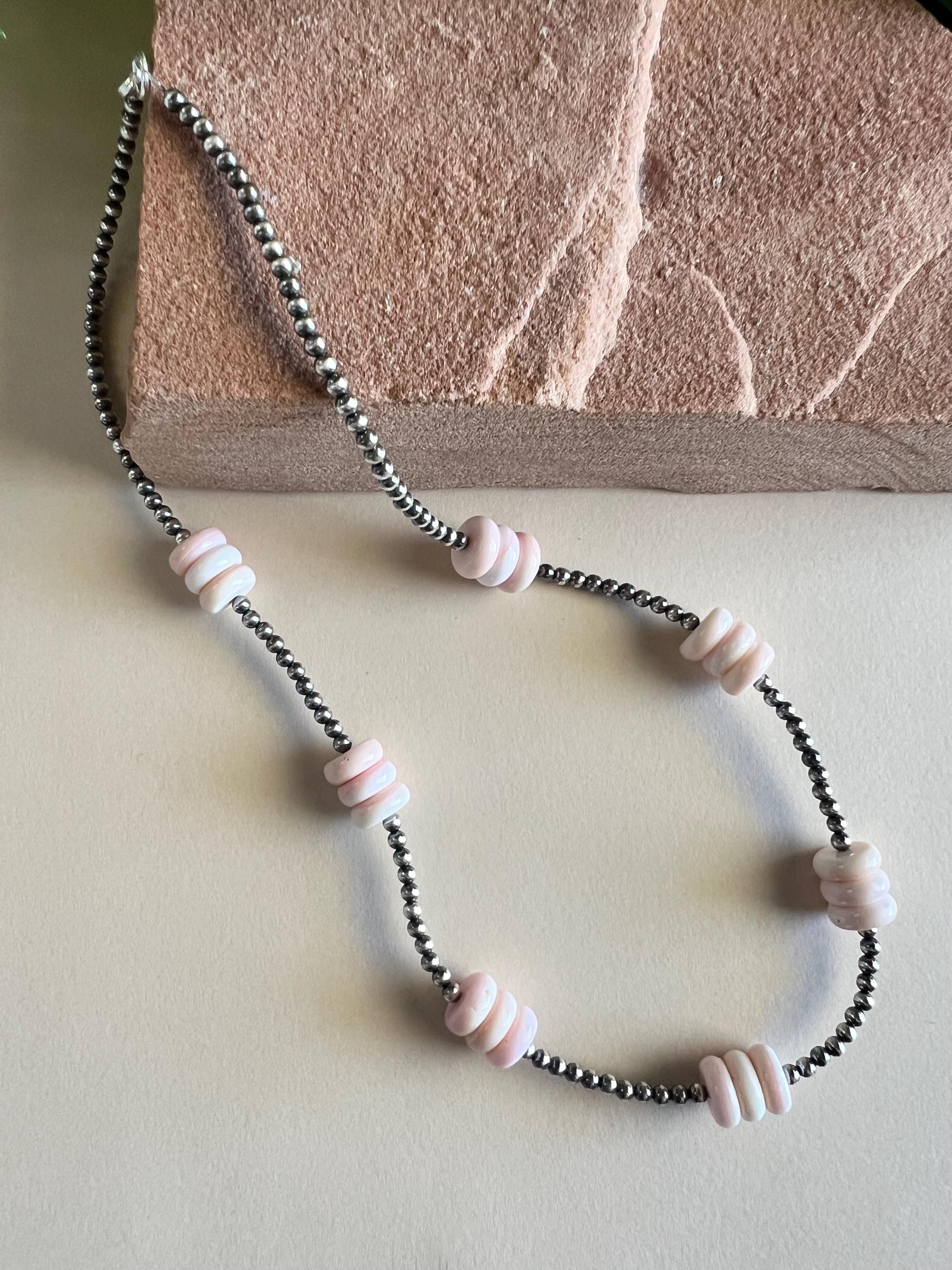Sterling Silver Navajo Pearl Beads and Pink Conch Shell Necklace