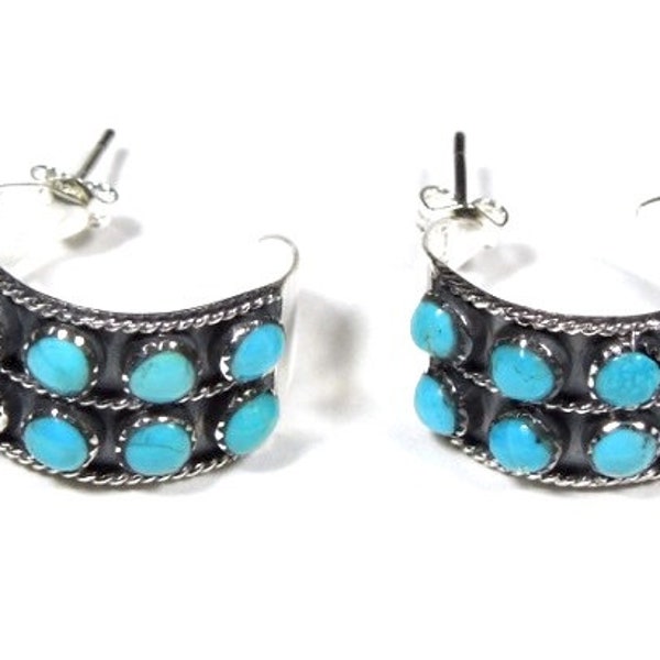 Genuine Kingman Turquoise 925 Sterling Silver Hoop Earrings