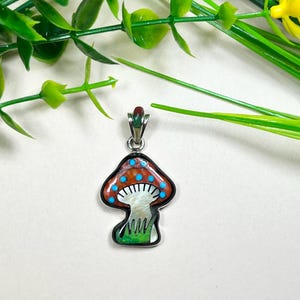 Handcrafted Multicolor Inlay 925 Sterling Silver Mushroom Pendant
