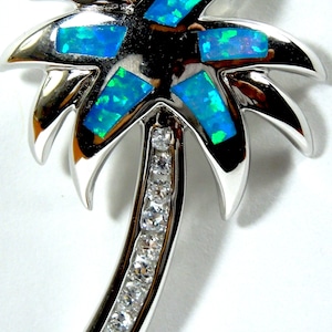 Blue Fire Opal Inlay Genuine 925 Sterling Silver Palm Tree Pendant For Necklace