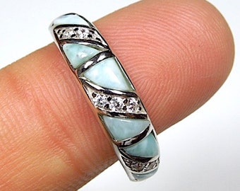 100/% Genuine AAA Dominican Larimar Inlay 925 Sterling Silver Band Ring size 6 - 9