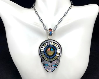 Large Multicolor inlay 925 Sterling Silver The Greatful Dead style Pendant necklace. Chain is not inclued. Ready to ship
