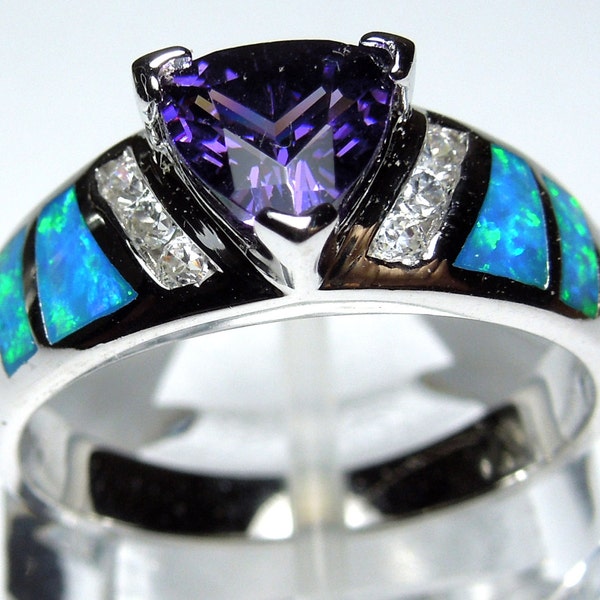 Trillion Cut Amethyst & Blue Fire Opal Inlay 925 Sterling Silver Ring size 6 - 9