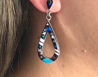 Multi color, Black Onyx Inlay 925 Sterling Silver Galaxy Post Dangle Earrings. 1-7/8'' long