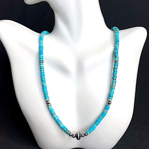 Genuine Kingman Heishi Turquoise and Navajo Pearl sterling silver beads necklace 18&quot; long.