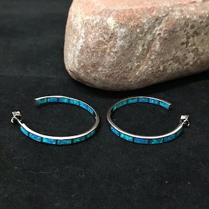 Solid 925 Sterling Silver Hoops Earrings with Blue Fire Opal Inlay 1-1/4'' wide 31mm