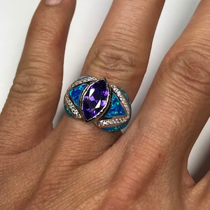 Amethyst & Blue Fire Opal Inlay Genuine 925 Sterling Silver Ring sizes 6 - 9