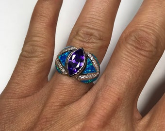 Amethyst & Blauer Feueropal Inlay Echt 925 Sterling Silber Ring Größen 6 - 9