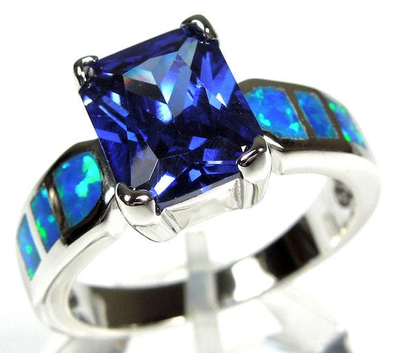 Tanzanite Blue Fire Opal Inlay 925 Sterling Silver Ring Size 6,7