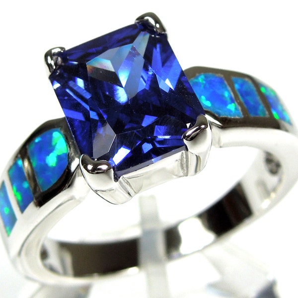 Tanzanite & Blue Fire Opal Inlay 925 Sterling Silver Ring size 6,7,8,9