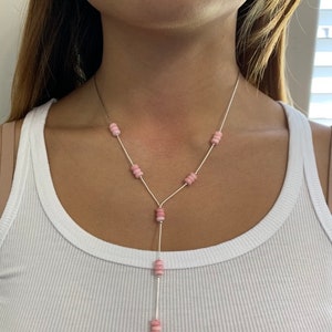 Pink Conch & Liquid Silver Lariat Necklace 18'' long. Handmade necklace