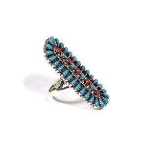 Petit Point Sleeping Beauty Turquoise & Coral Sterling Silver Southwestern Ring sizes 6789 zdjęcie 3