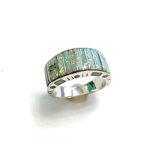 Handcrafted White Fire Opal Inlay Genuine 925 Sterling Silver Men&#39;s, Woman&#39;s Band Ring size 9,10,11,12
