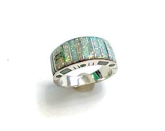 Handcrafted White Fire Opal Inlay Genuine 925 Sterling Silver Men&#39;s, Woman&#39;s Band Ring size 9,10,11,12